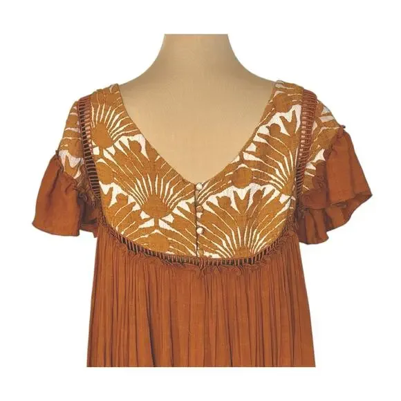 FREE PEOPLE Vintage Charm Relaxed Fit Flowy Embroidered Ruffled Midi Dress Sz XS - Picture 11 of 15